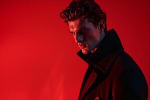 Tailored Coat with Neon Red Stylish Male portrait Featuring a Tailored Coat and Neon Red Background for a Contemporary Look photo