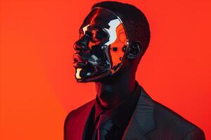 Casual Suit with Face Mask and Neon Orange Modern Male Fashion portrait Featuring a Casual Suit and Face Mask with Neon Orange Background photo