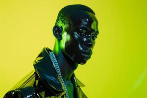 Casual Jacket for Male with Face Mask and Neon Green Background perfect for Trendsetting and Modern Males Fashion in Vibrant Settings photo
