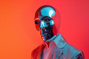 Casual Jacket for Male with Face Mask and Neon Coral Background perfect for Trendsetting Looks in Bold and Vibrant Urban Settings photo