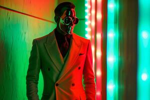 Casual Overcoat for Male with Neon Green Background Stylish Fashion and Modern Lifestyle Setting photo