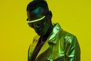 Casual Jacket with Neon Green Background and Face Mask Trendy Fashion and Stylish Lifestyle Setting photo