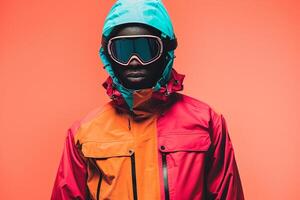 Fashion Model in Trendy Jacket with Neon Aqua Ski Mask and Neon pink Background Modern Male portrait photo