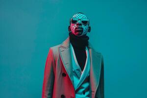 Handsome Model in Casual Overcoat with Neon Teal Sneaker Mask and Neon Blue Background Fashionable portrait photo