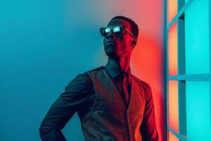 Stylish Model in Casual Vest with Neon Blue Background Modern portrait photo