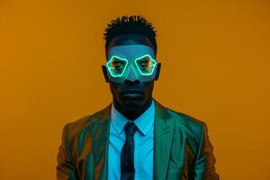Fashion Model in Trendy Suit with Neon Teal Sneaker Mask Against a Neon Yellow Background Modern portrait photo