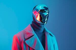 Handsome Fashion Model in Trendy Overcoat with Neon Blue Face Mask and Background Stylish Lifestyle portrait photo