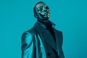 Trendy Fashion Model in Casual Overcoat with Neon Teal Face Mask High end Males Lifestyle portrait with Modern Neon Details photo