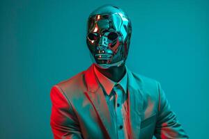 Fashion Model in Trendy Suit with Neon Teal Face Mask High end Males portrait Featuring Modern Neon Details photo