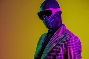 Fashion Model in Casual Blazer with Neon purple Ski Mask High end Males portrait with a Green Neon Background photo