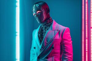 Neon Teal Lifestyle with Casual Overcoat Males Fashion Face Mask Fashion portrait Sleek and Modern Style Attention Grabbing Background photo
