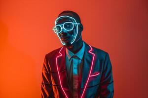 Males Fashion portrait with Casual Blazer Neon Teal Sneaker Mask Neon Coral Lifestyle Background Trendy Look Fashion photography with a Twist photo