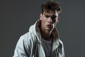 Stylish Zip Up Jacket Model Neutral Background Lifestyle portrait Highlighting Males Modern Fashion preferences photo