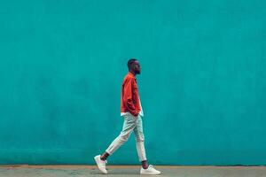 Stylish Long Sleeve Shirt Model in Bright Teal Background Lifestyle portrait with Standing pose and Contemporary Look photo