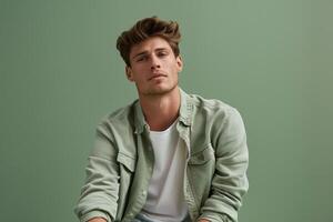 Fashion Model in Relaxed Button Down with Soft Green Background Laid Back portrait with Fashion and Relaxed Vibe photo