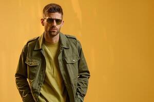 Handsome Fashion Model in Casual Outfit with Olive Background Relaxed portrait with Light Ideal for Fashion photo