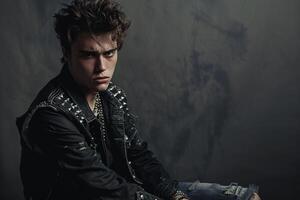 Chic Fashion Model in a Studded Vest with a Maleswear Background elegant Male portrait Trendy Lifestyle photo