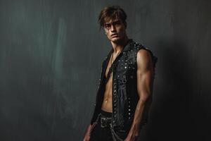 elegant Fashion Model in a Studded Vest with a Maleswear Background Trendy Male portrait Modern Lifestyle photo