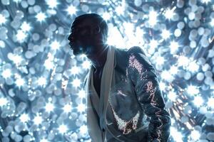 Trendsetting Fashion Model in a Shimmering Suit with Silver Sequins perfect for High Class Maleswear portraits with a Glamorous Touch photo