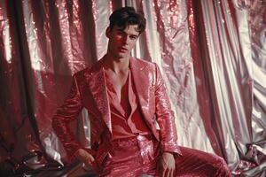 Modern Male Model in a Shimmering Suit with Silver Sequins Ideal for Stylish Lifestyle portraits and Sophisticated Maleswear Fashion photo