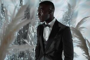 Trendy Male Model in a Dapper Suit with Silver Sequins Highlighting Modern Lifestyle and Upscale Maleswear Fashion photo