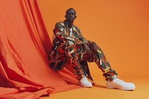 Stylish Fashion Model in an Outfit with Costume prints and Tangerine Background Showcasing Trendy Maleswear portraits photo