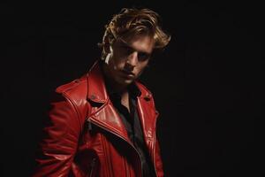 Trendy Male Model in Red leather Jacket with Jet Black Background emphasizing Modern Maleswear portraits photo