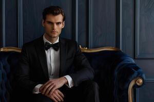 Trendy Fashion Model in Classic Tuxedo with Deep Navy Blue Background Great for elegant and Formal Maleswear portraits photo