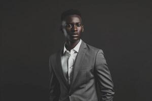 Upscale Fashion Model in Grey Suit with Deep Charcoal Background Ideal for elegant and Modern Maleswear portraits photo