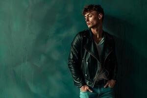Handsome Fashion Model in leather Jacket and Jeans with Dark Green Background Lifestyle portrait Trendy Males Outfit Modern leather Look photo