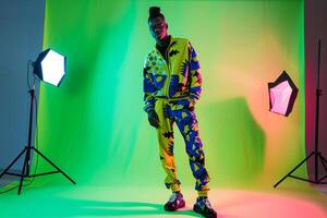 Fashionable Handsome Model in Neon Green printed Tracksuit Males Lifestyle portrait with Modern and Trendy Background photo