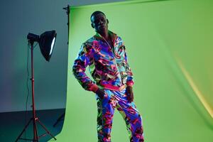 Stylish Handsome Fashion Model in Neon Green printed Tracksuit Males Lifestyle portrait with Dynamic and Trendy Background photo