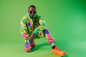 Modern Handsome Fashion Model in Neon Green printed Tracksuit Males Lifestyle portrait with Trendy and energetic Background photo
