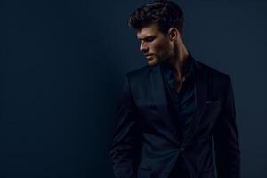 Stylish Handsome Model in Deep Navy Costume Suit Males Lifestyle portrait with Classic and Fashionable Background photo