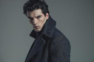 Handsome Fashion Model in Classic Overcoat with Grey Touches Males Lifestyle portrait with Stylish Background photo