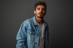 Fashion Forward Handsome Model in Denim Jacket and Chinos Males Lifestyle portrait with Slate Gray Background photo