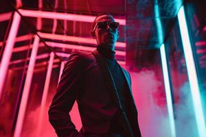 Chic futuristic fashion Model in futuristic attire with cloth capturing a high fashion portrait with a stylish edge photo