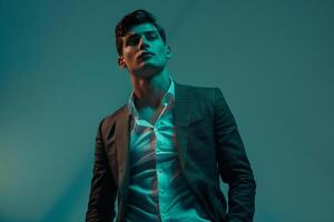 Trendy fashion model in a tailored deep teal blazer delivering a sophisticated high fashion portrait with a chic lifestyle background photo