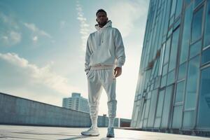 Stylish male model in an athletic tracksuit with an urban gray background delivering a chic high fashion portrait with a contemporary lifestyle backdrop photo