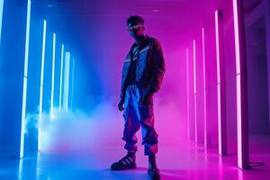 Trendy Joggers and Jacket Model in Neon Lights Handsome Male Fashion portrait with Modern Lifestyle Background photo