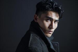 Trendy Fashion Model in Charcoal Black Casual Jacket Stylish portrait with Modern Lifestyle and Fashionable Look photo