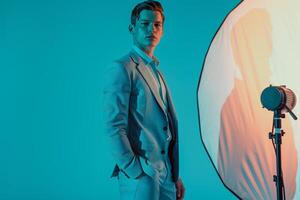 elegant Fashion Model in Light Aqua Suit Classic Male portrait with Trendy Lifestyle Background Ideal for High end Fashion Showcases photo