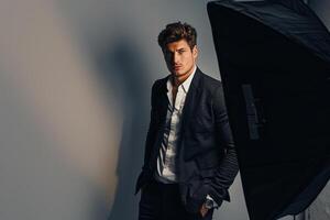Trendy Fashion Model in Slim Fit Charcoal Grey Blazer Handsome portrait with elegant Lifestyle Background Ideal for professional Fashion Campaigns photo