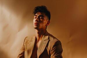 Handsome Taupe Blazer Fashion Model Taupe Lifestyle Background Stylish Male portrait Trendy and elegant Fashion Appeal photo