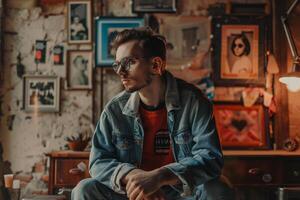 elegant Male Background Vintage Denim Jacket Fashion Model polaroid Frames Lifestyle portrait Trendy Look photo