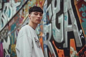 Fashion Model in Graphic Sweatshirt with Graffiti Trendy Modern portrait with Stylish Background photo