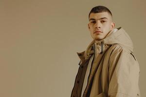 Lightweight Jacket in Light khaki Urban Lifestyle portrait with Relaxed Fashion Details Trendy Male Background photo
