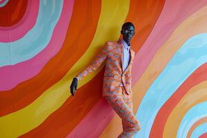 Modern Background and Trendy portrait Male Model in Abstract pattern Suit with Clothing Swirls and Stylish Males Apparel Reflecting Bold Lifestyle photo