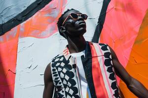 patterned vest on male model with graphic art featured in a striking portrait emphasizing contemporary Males fashion and artistic lifestyle photo