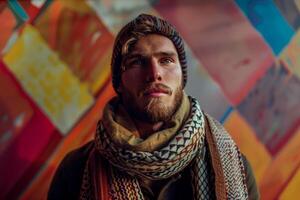 Male fashion model in a patterned scarf with abstract geometric design captured in a dynamic portrait with a creative background showcasing modern Males style photo